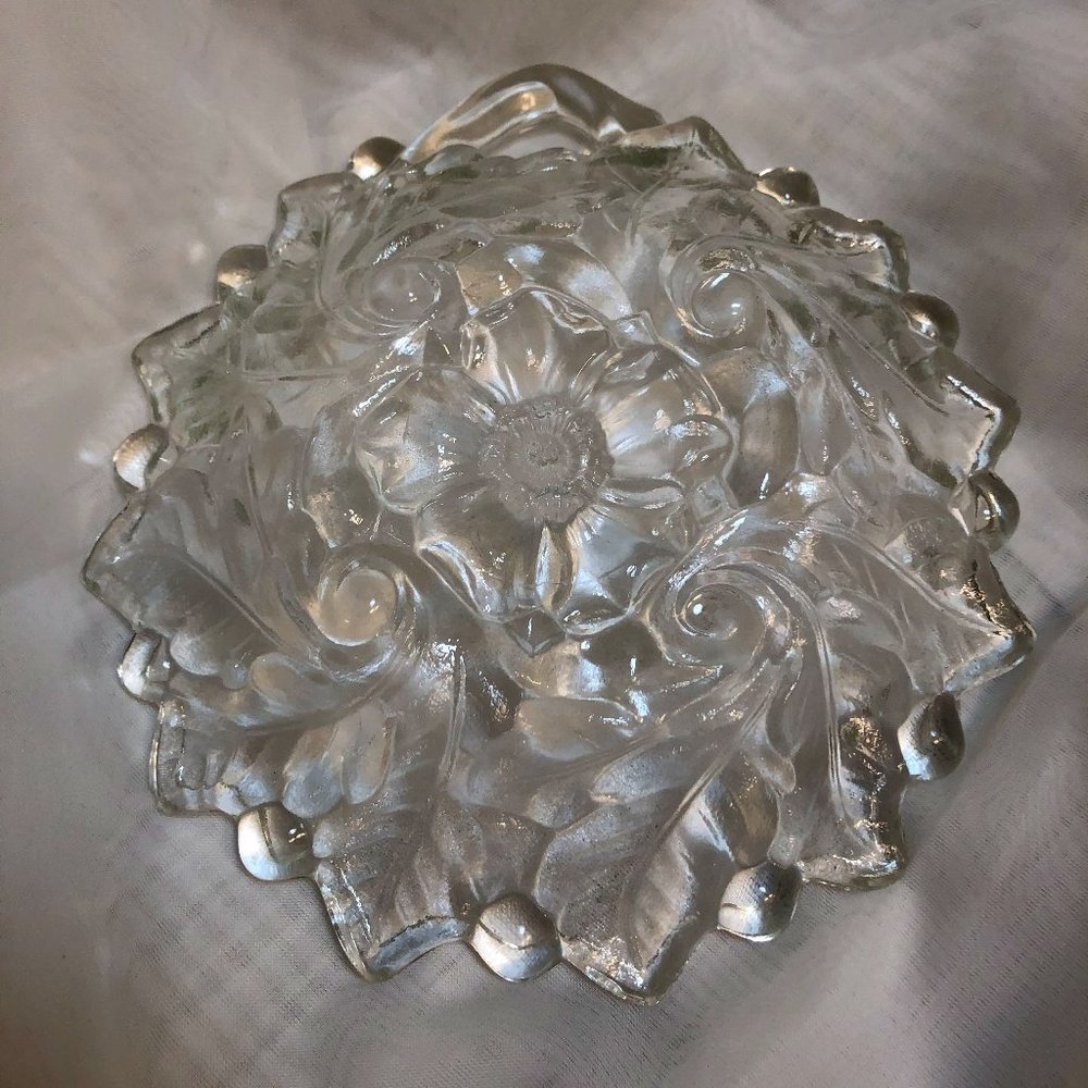 VINTAGE INDIANA GLASS  WILD ROSE PATTERN   CLEAR GLASS WITH CUTOUT HANDLE DISH